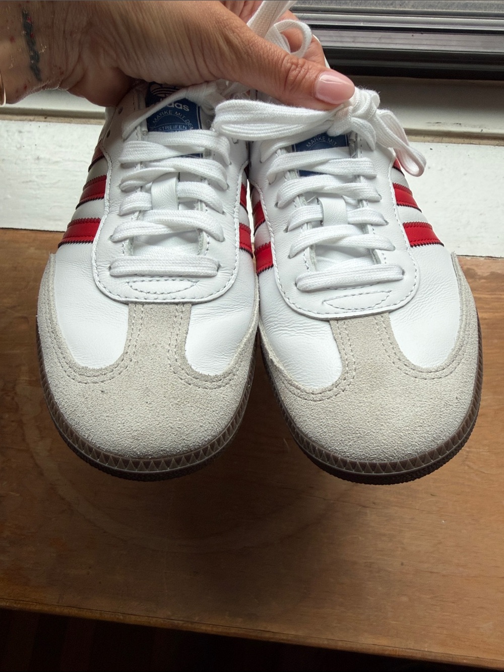 adidas Samba Sneakers - White with Red Stripes and Gum Sole - Picture 6 of 8